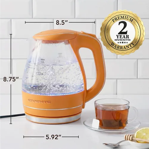 Miniatura 6 de OVENTE Hervidor Eléctrico, 1.5L de Vidrio de Borosilicato para Encimera, Calentador y Hervidor de Agua para Café o Té, Libre de BPA, Apagado Naranja