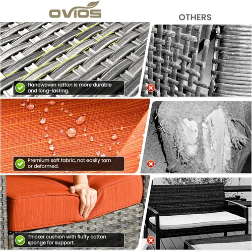 Miniatura 9 de ovios Juego de muebles de patio de 7 piezas con mesa cuadrada para hoguera, sillas mecedoras giratorias, juego de conversación de mimbre de respaldo