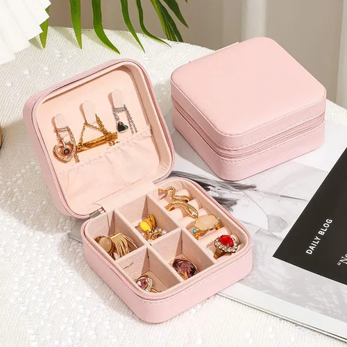 Miniatura 2 de GOTDYA Paquete de 2 joyeros de viaje, pequeño joyero portátil de piel sintética con cremallera para organizar y almacenar joyas, rosa claro