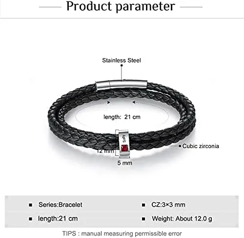 Miniatura 5 de kaululu Pulsera de cuero personalizada para hombres con piedras natales de 12345 cuentas de acero inoxidable grabadas con nombres personalizados