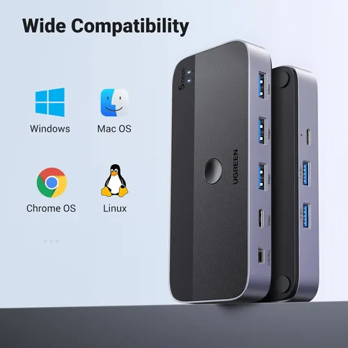 Miniatura 7 de UGREEN Conmutador USB 3.0 2 computadoras que comparten dispositivos USB C y A, conmutador USB de 4 puertos para compartir teclado y mouse