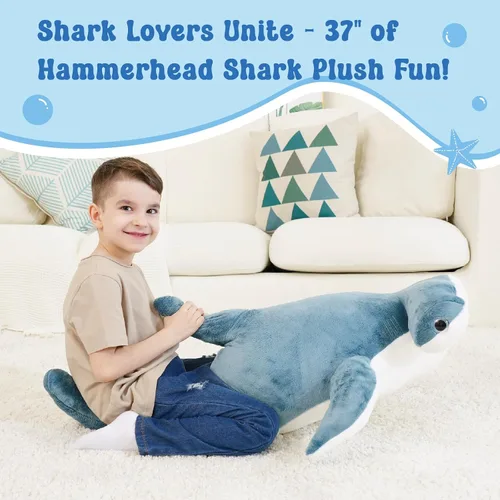 Miniatura 3 de juguete de peluche de tiburón con cabeza de martillo de 37 pulgadas, tiburón gigante suave y realista, tiburón de peluche azul para océano, regalo