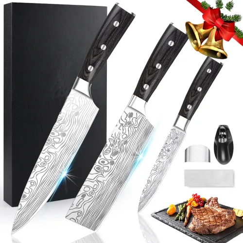 Juego de cuchillos de chef profesional, juego de cuchillos de cocina de 3 piezas, juego de cuchillos de acero inoxidable de alto carbono con
