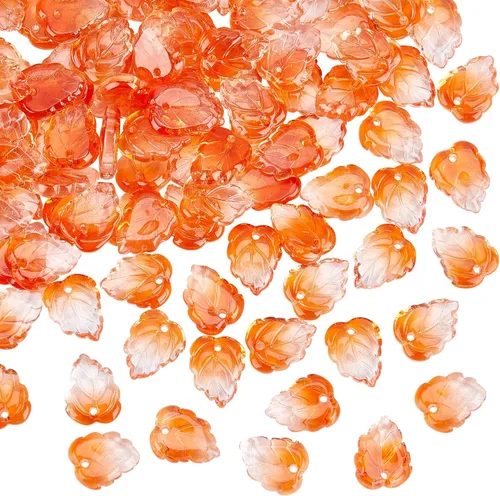 PH PandaHall 100 dijes de hojas de otoño, hojas de árbol de otoño, cuentas de plantas, colgantes de vidrio transparente de dos colores para hacer