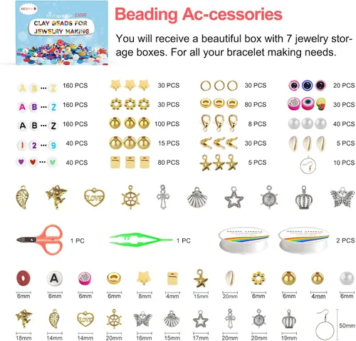 Miniatura 3 de Redtwo Juego de 23000 cuentas de arcilla para hacer pulseras, 144 colores, 7 cajas de cuentas Heishi de polímero plano para hacer joyas de amistad