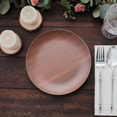 Miniatura 5 de Efavormart - Paquete de 6 platos de postre de melamina marrón rústico de 8 pulgadas, platos de ensalada con estampado de grano de madera resistente