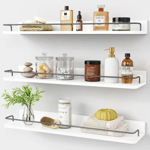 Miniatura 9 de Forbena Juego de 3 estantes flotantes dorados para decoración de pared, estantes de baño sobre el inodoro, estante de pared moderno con riel Blanco