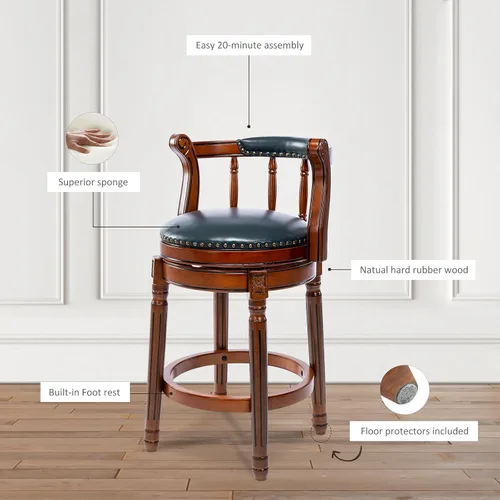 Miniatura 6 de RAINMOOD Juego de 2 taburetes de bar, taburete tapizado de cuero de grano completo, silla de bar negra con respaldo, patas de madera maciza