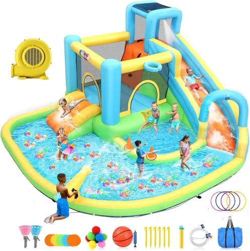 Whubefy Tobogán acuático inflable de casa de rebote, parque acuático de 14.1 x 11.8 x 6.8 pies para niños, casa de salto todo en 1 con toboganes