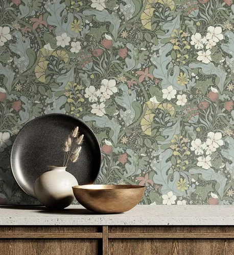 Miniatura 8 de HeloHo Papel tapiz verde para despegar y pegar, diseño bohemio, floral, autoadhesivo, extraíble, impermeable, papel de contacto para sala de estar