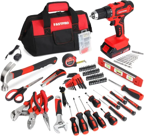 Miniatura 10 de FASTPRO 232 piezas 20 V Rosa inalámbrico Taladro de iones de litio y juego de herramientas para el hogar, kit de herramientas de reparación