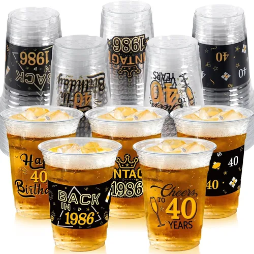 50 Piezas Vasos de Plástico para Fiesta de Cumpleaños 40 a Granel, 16 Oz Vasos de Beber Desechables de Plástico Transparente Negro Dorado para