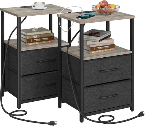 Miniatura 11 de TUTOTAK Mesita de noche LED con estación de carga, mesita de noche grande con puerto USB y Type-C, mesa de noche con cajones de tela, mesa auxiliar