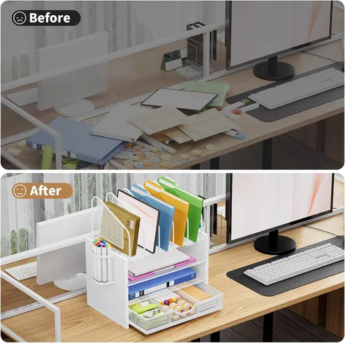 Miniatura 5 de Marbrasse Organizador de escritorio con cajón, organizador de archivos de malla de 4 niveles con 5 soportes verticales para archivos y 2 soportes