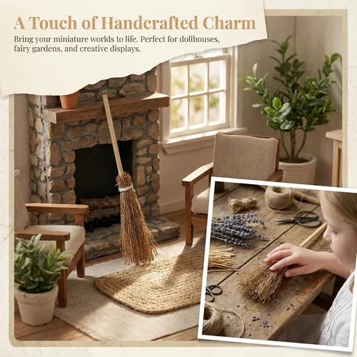 Miniatura 5 de Toyvian Juego de mini escobas decorativas tejidas a mano, 5 piezas de 7.08 pulgadas, accesorios para casa de muñecas pequeñas para manualidades