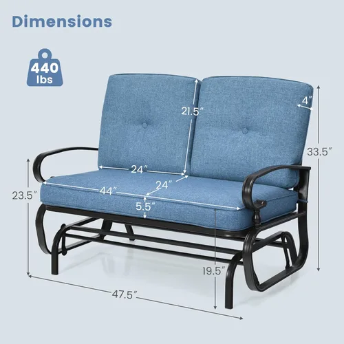Miniatura 6 de Tangkula Silla mecedora para exteriores, banco planeador de patio para 2 personas, sofá biplaza mecedora para exteriores con marco de acero y Azul