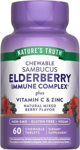 Nature's Truth Complejo inmunológico de saúco | 60 tabletas masticables | Más vitamina C y zinc | Mezcla de bayas | Suplemento vegano, sin OMG y sin