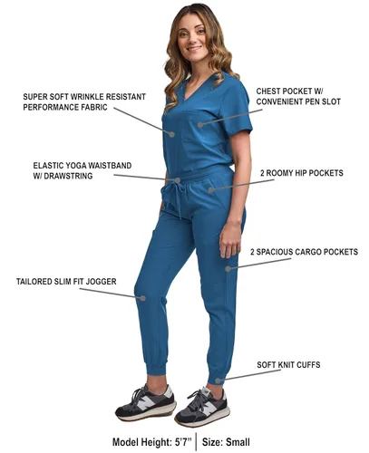 Miniatura 20 de Green Town Conjunto de ropa quirúrgica para mujer, pantalón deportivo y parte superior con cuello en V, 5 bolsillos, cintura de yoga, uniforme