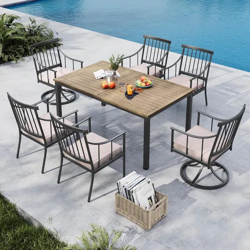 Miniatura 22 de MFSTUDIO Juego de comedor de 5 piezas de metal para patio, juego de muebles para exteriores con 1 mesa cuadrada de madera y 6 sillas de respaldo