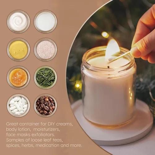 Miniatura 5 de Tecohouse Tarros de Vidrio de 8 onzas con Tapas, Juego de 3 Tarros para Velas con Etiquetas en Blanco, Vidrio Transparente de 250g, Boca Ancha