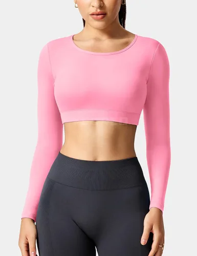 Miniatura 2 de YEOREO Top corto de entrenamiento definitivo para mujer, manga larga, espalda abierta, brasier acolchado, espalda descubierta, yoga, gimnasio, tops