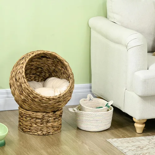 Miniatura 6 de PawHut Cama elevada tejida a mano para gatos con cojín suave y forma de silla de huevo, cama de cesta con soporte, casa de mimbre elevada para gatos