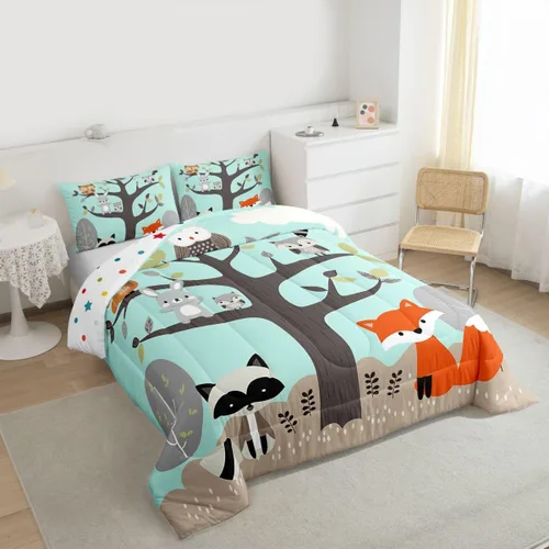 Miniatura 3 de Juego de ropa de cama de animales lindos para niños y niñas, guardería, caricaturas, mapache, búho, zorro, juego de edredón para todas