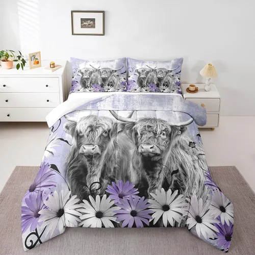 Miniatura 23 de Erosebridal Highland Cow - Juego de edredón tamaño matrimonial, juego de ropa de cama de toro de cuerno largo occidental para niños y adultos, Verde