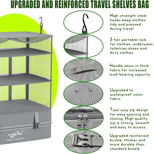 Miniatura 5 de Compressible Packing Cubes Portable Hanging Closet Shelves 17"x12"x24" Extendable Travel Organizer Nylon Packing Bags for Suitcase