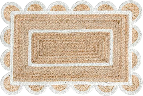 Miniatura 2 de Alfombra festoneada de yute natural, base natural, borde blanco hueso, 2 x 3