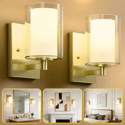 Kalium Juego de dos apliques de pared para baño color oro con doble pantalla de vidrio transparente, luces de tocador modernas para interiores, luz