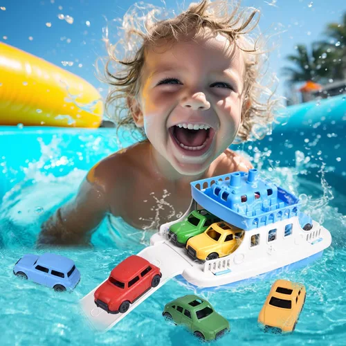 Miniatura 2 de FUN LITTLE TOYS Barco de juguete para baño para niños pequeños con 4 juguetes de mini autos, juguetes de agua para niños, barco de ferry