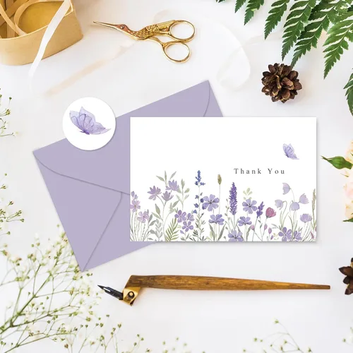 Miniatura 3 de AnyDesign Paquete de 24 tarjetas de agradecimiento de flores silvestres a granel, tarjetas de felicitación de flores moradas con adhesivo de sobre