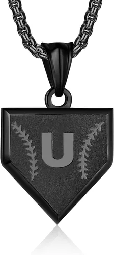 Miniatura 62 de Collar con inicial de la A a la Z para niños, de acero inoxidable, con dije de escudo de letra, cadena de 22 + 2 pulgadas, inspirador de béisbol