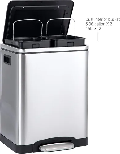 Miniatura 4 de Amazon Basics - Papelera doble de 30L con pedal de cierre suave - 2 contenedores de 15 litros, acero inoxidable, contenedores internos pequeños