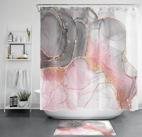 Miniatura 20 de LB Cortina de ducha abstracta de mármol, textura de mármol rosa y negro, cortina de ducha de arte moderno para baño, 60 x 72 pulgadas, tela