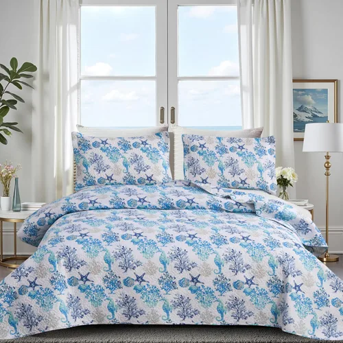 Miniatura 11 de Hailea Edredón oceánico tamaño matrimonial/queen, ropa de cama costera ligera para verano, playa, colcha náutica, conchas de mar azul, sábana con 2