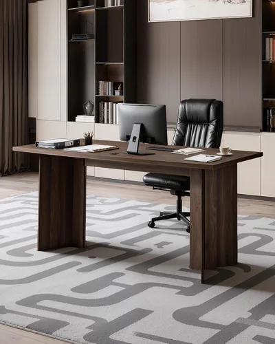 Miniatura 3 de VEVOR Escritorio ejecutivo de 63 pulgadas, mesa de oficina rectangular grande y moderna, mesa ejecutiva de madera resistente con orificio de Nogal
