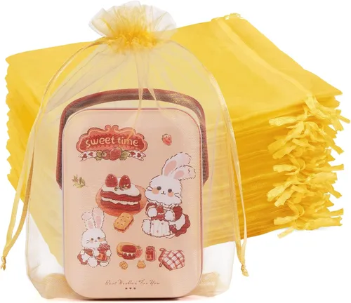 Miniatura 25 de Crweety 50 Piezas Bolsas de Organza Doradas de 3 x 4 Pulgadas, Pequeñas Bolsas de Regalo de Malla con Cordón para Favores de Boda, Despedida
