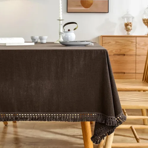 Miniatura 10 de AmHoo - Mantel de lino con borlas y bordado rectangular decorativo para mesa natural para cocina, comedor, buffet de boda, 55 x 55 pulgadas, negro