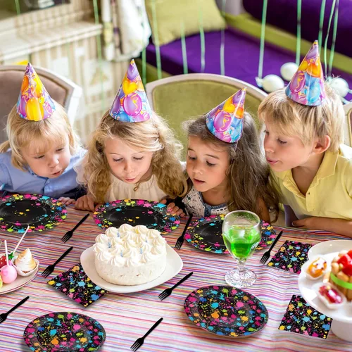 Miniatura 7 de Suministros de fiesta de neón para 24 invitados, juego de platos y servilletas de papel desechables de neón, vajilla brillante, decoración de fiesta