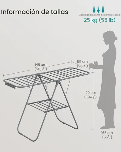Miniatura 5 de SONGMICS Rejilla de secado de ropa, con clips para calcetines, estante de lavandería de metal, plegable, ahorra espacio, aireador independiente