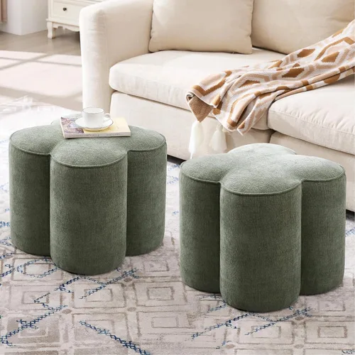 Miniatura 26 de Zesthouse Juego de 2 puf otomanos de flores, reposapiés de tela de lino beige para sofá, taburetes modernos para sala de estar, bonita otomana