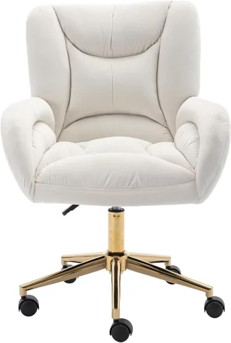 Miniatura 8 de Silla de oficina en casa de terciopelo giratoria de 360°, base de metal dorado, ruedas universales, sillón ergonómico de altura ajustable moderna
