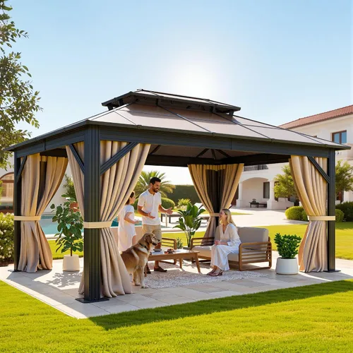 Miniatura 8 de YITAHOME Cenador de policarbonato de 10 x 12 pies para patio al aire libre, doble techo de hierro galvanizado, columna de aluminio, cortinas