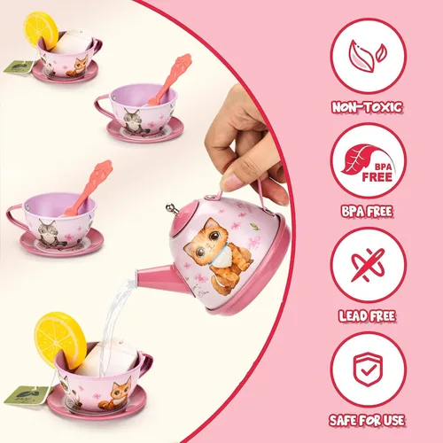 Miniatura 6 de Lajeje Juego de fiesta de té de gato para niños pequeños y niñas de 3 a 6 años, juguete de simulación y regalo de cumpleaños, incluye juego de té