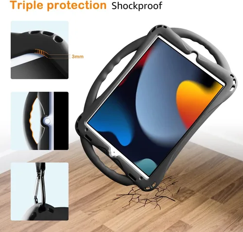 Miniatura 6 de TopEsct Funda infantil para iPad de 10.2 pulgadas, funda de silicona a prueba de golpes con protector de pantalla de vidrio templado y correa, Negro