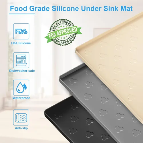 Miniatura 3 de Tapete para debajo del fregadero, tapete impermeable para gabinete de cocina de 34 x 22 pulgadas, forro de silicona flexible para debajo del Beige