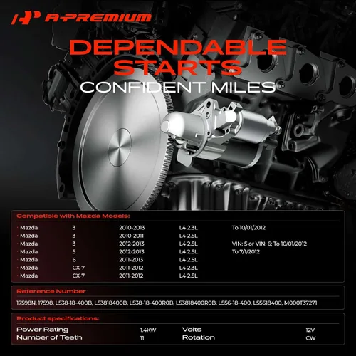 Miniatura 2 de A-Premium Motor de Arranque Compatible con Mazda 3 2010-2013, 5 2012-2013, 6 2011-2013, CX-7 2011-2012, L4 2.3L 2.5L, 12V 1.4KW 11 Dientes