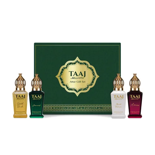 BELLAVITA Taaj Attar de lujo | Set de regalo unisex de larga duración para hombre y mujer, 4 x 0.4 fl oz, caramelo, limón, canela y almizcle,